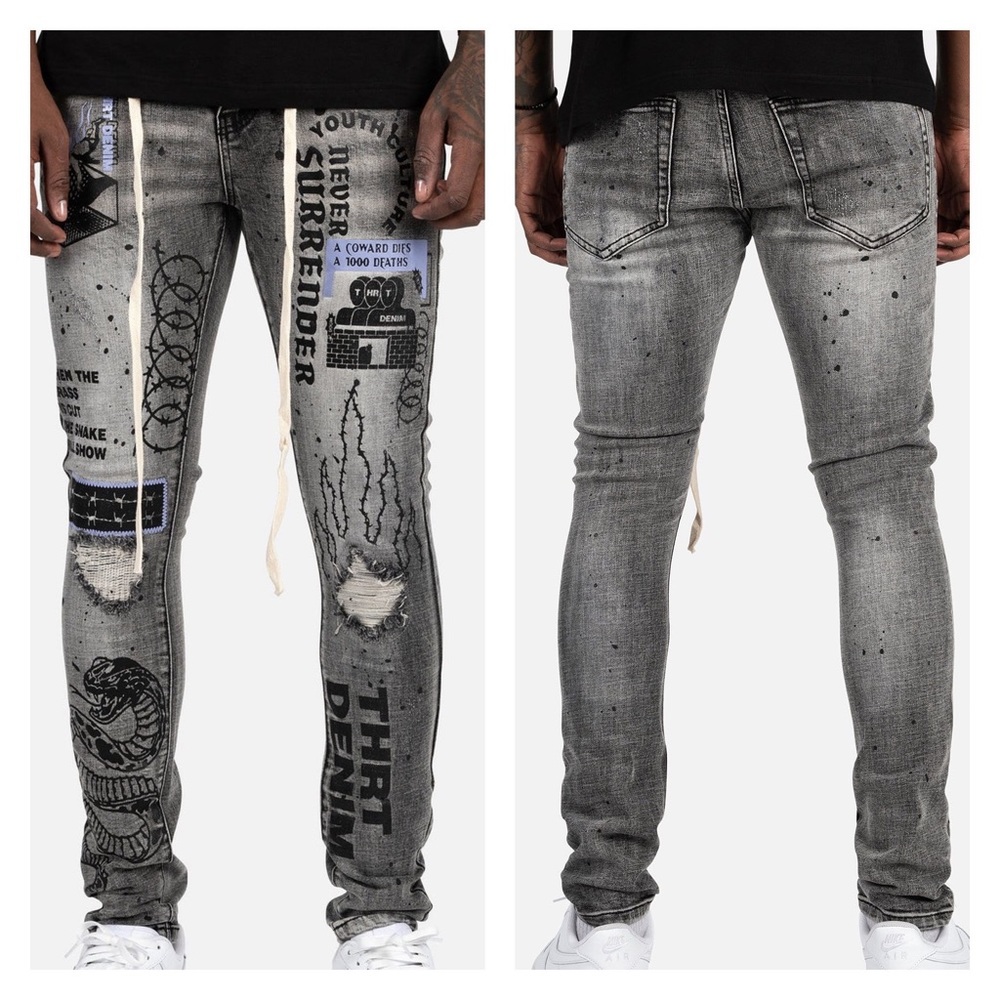 THRT Men’s Gray Graphic Paint Splatter Distressed Serpent Jeans 38